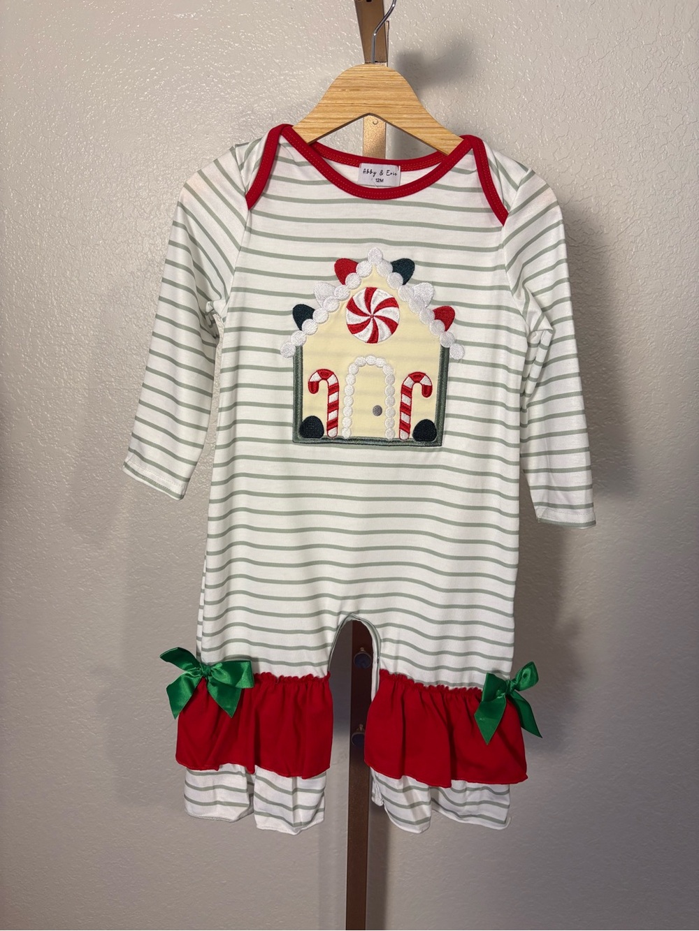 Abby & Evie Red Gingerbread House Applique Stripe Ruffle Romper 12M